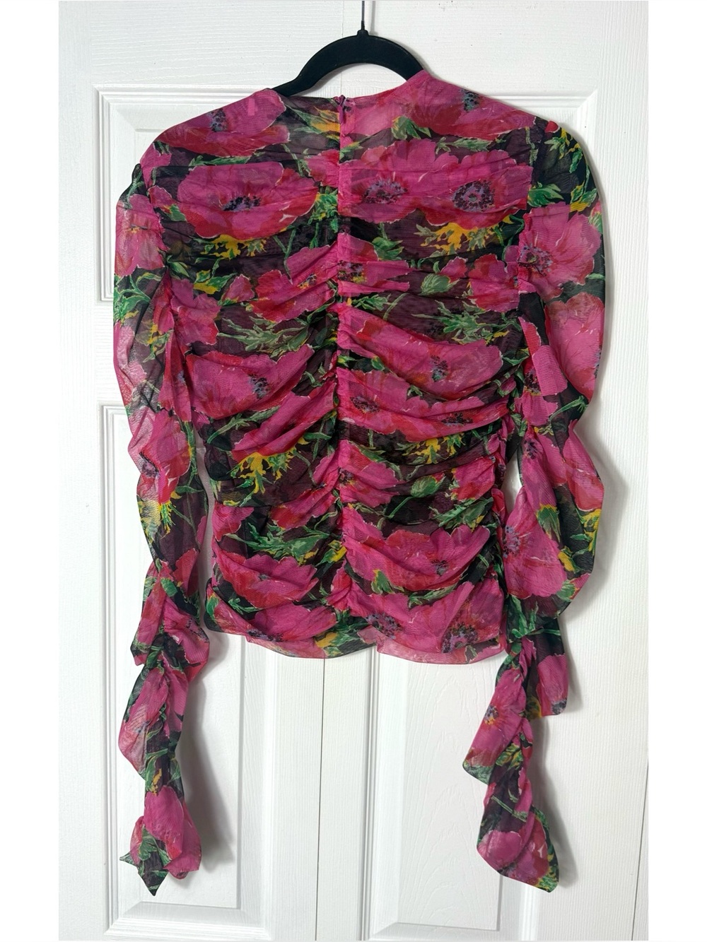 Zara Pink Black Floral Mesh Ruched Crop Top Sheer Thumbhole Blogger Size XL - Picture 9 of 9
